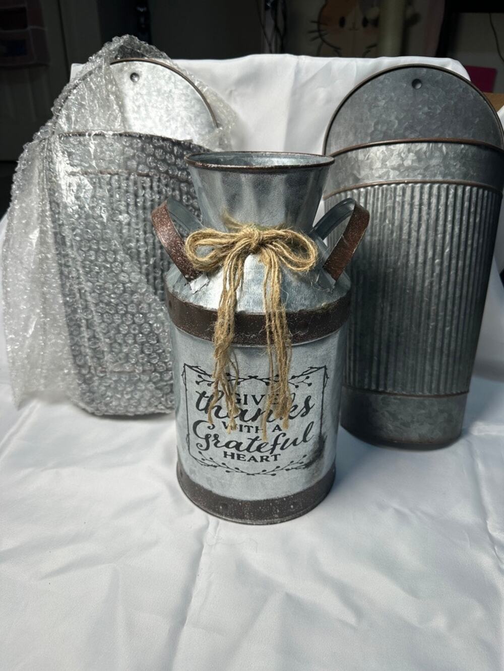 3 Pc Galvanized Metal Farmhouse Decor Milk Can Vase Wall Pockets Rustic Set